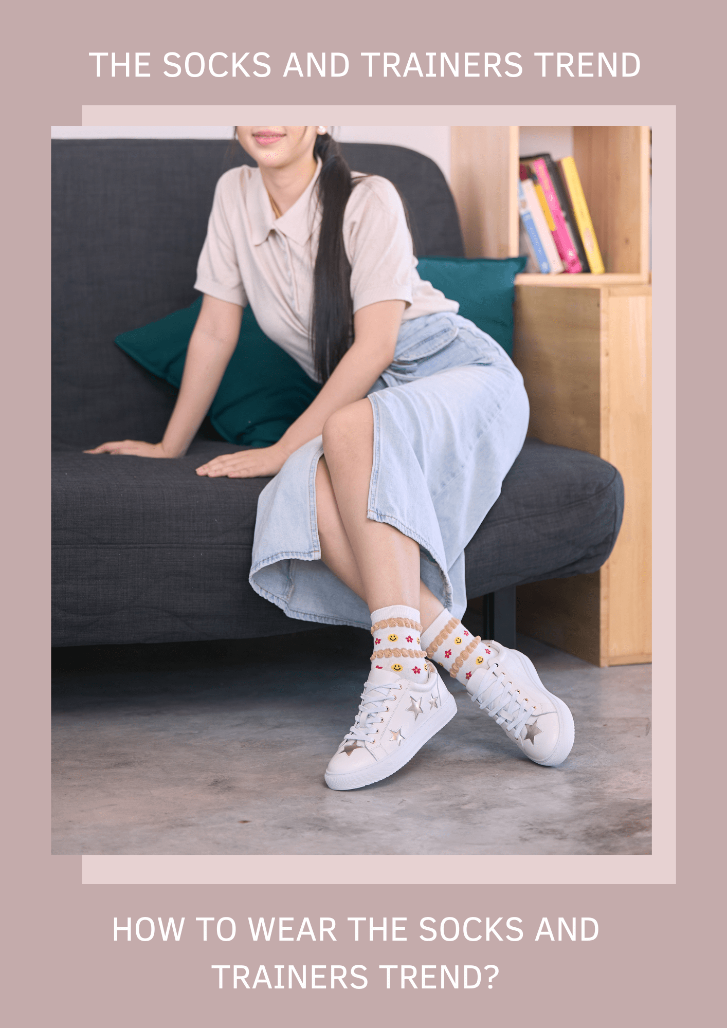 Girl sitting on a sofa wearing a cream top, denim midi skirt, fun socks and Hoxton white leather trainers with gold stars by Cocorose London