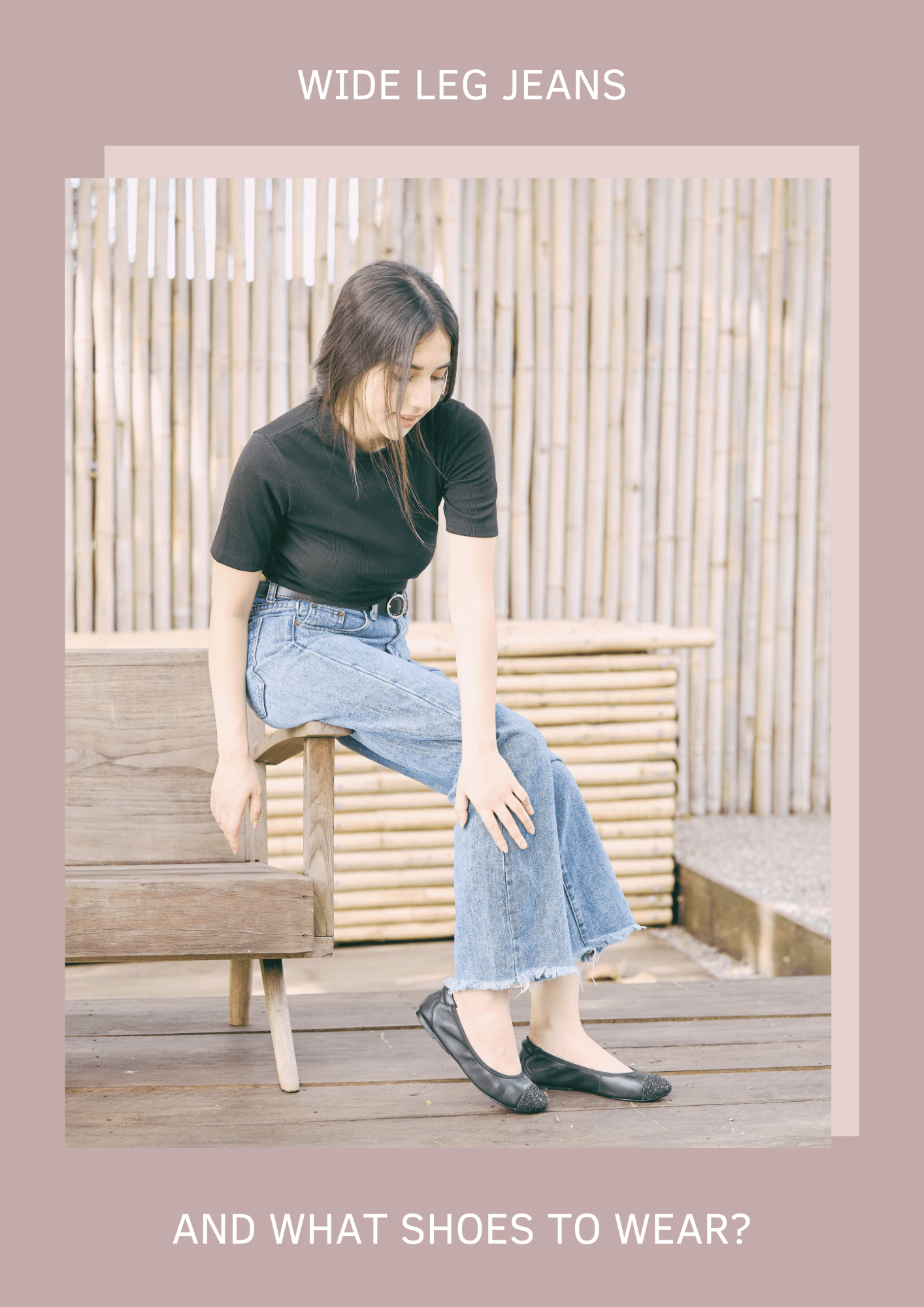 girl wearing a black top, wide leg jeans and soft and comfortable black leather ballet flats with sparkly glitter toe cap