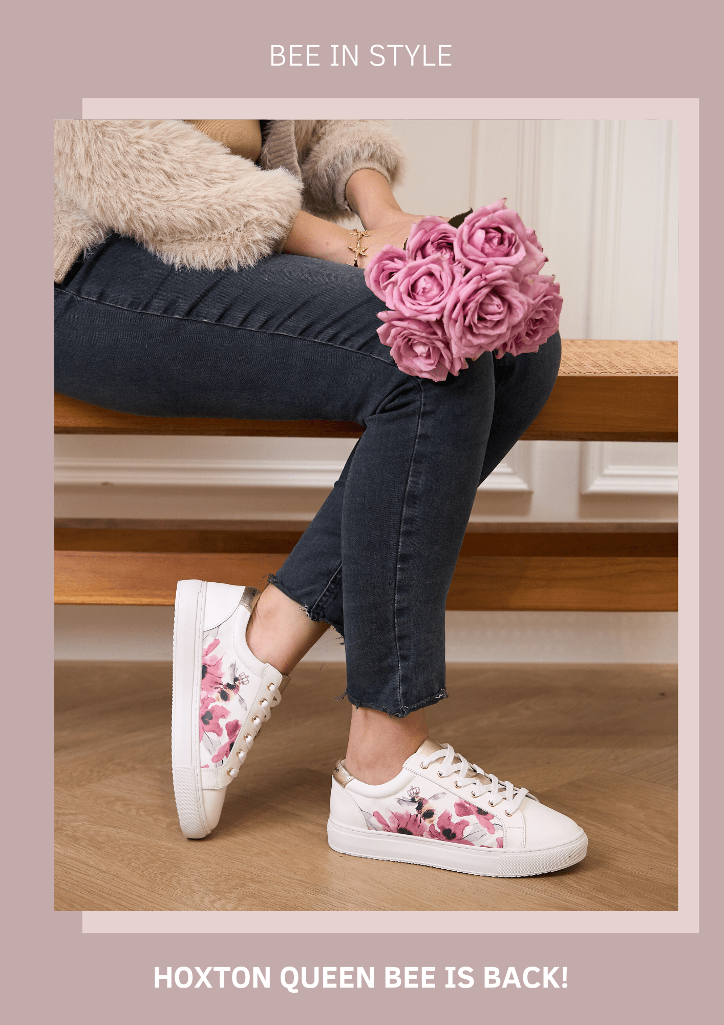 white trainers with bee illustration