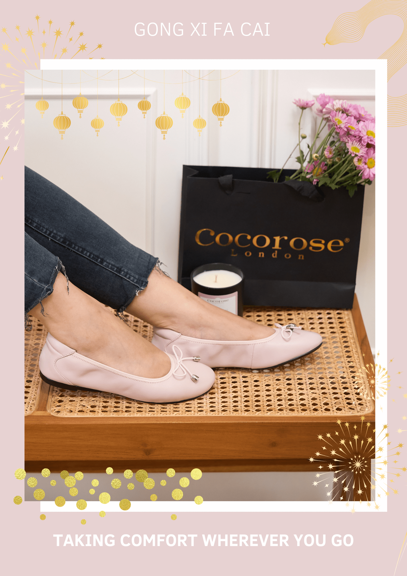 pastel pink leather ballet flat with a hand tied bow with silver toggle detail