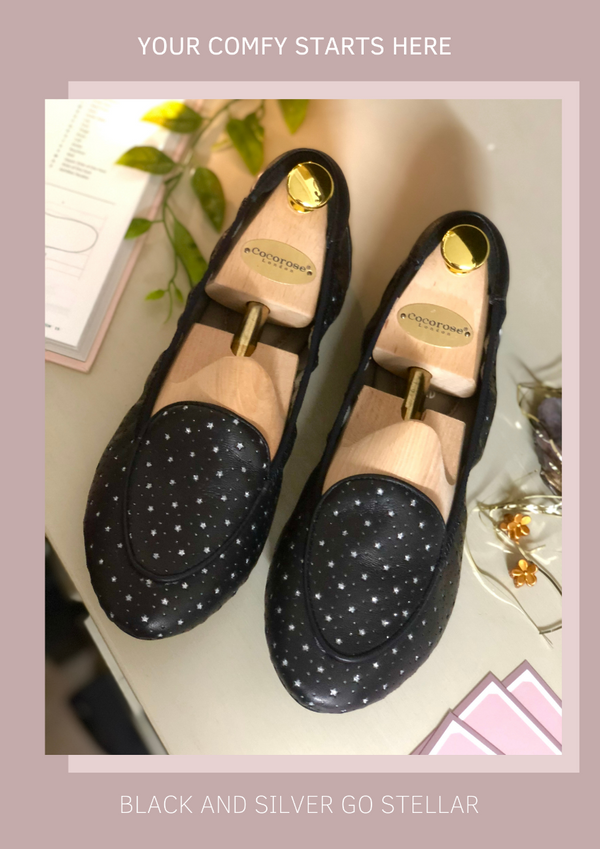 clapham black leather flats with silver stars