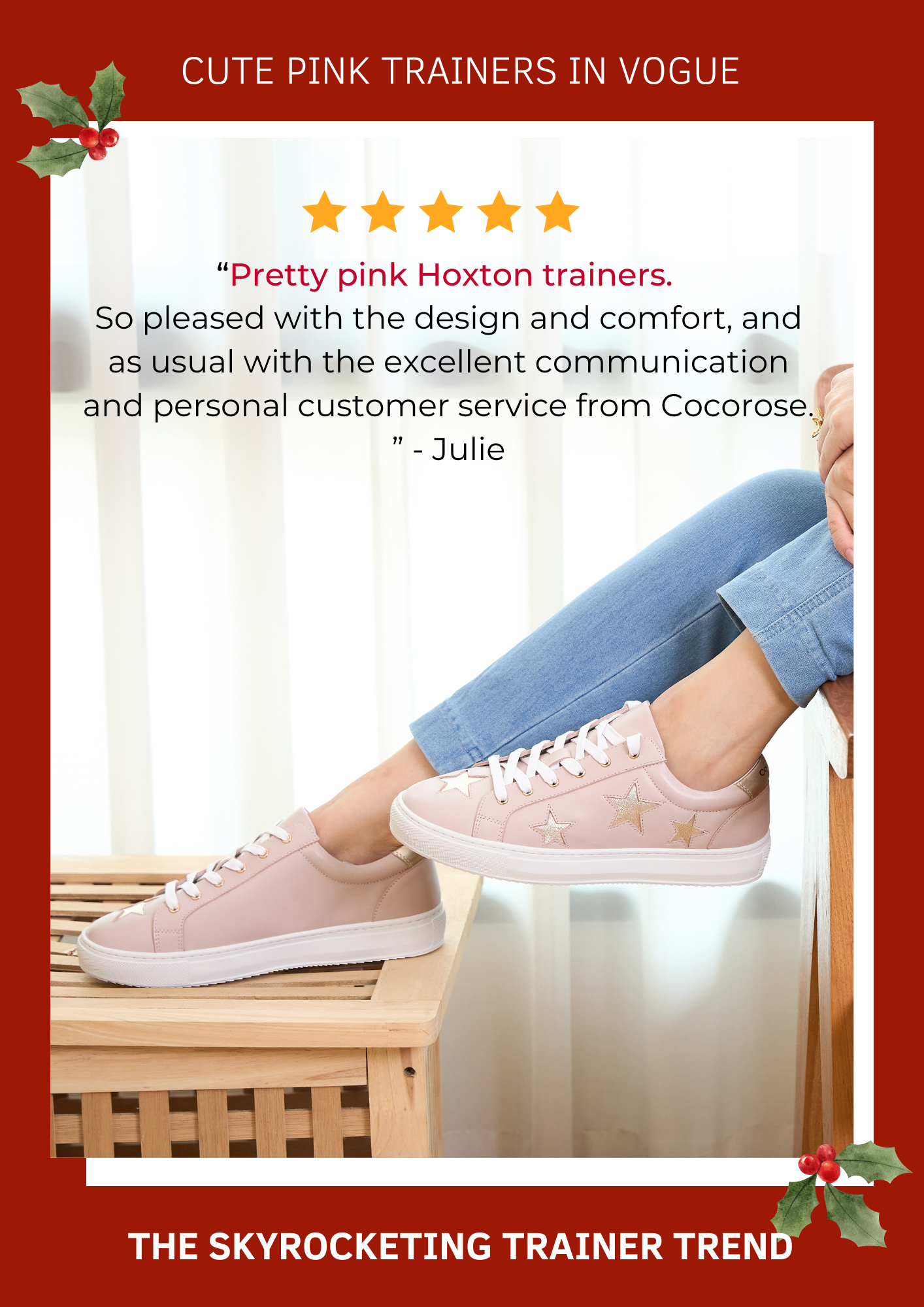 cute on trend pink trainers in vogue, in pastel pink show on a model wearing cropped jeans