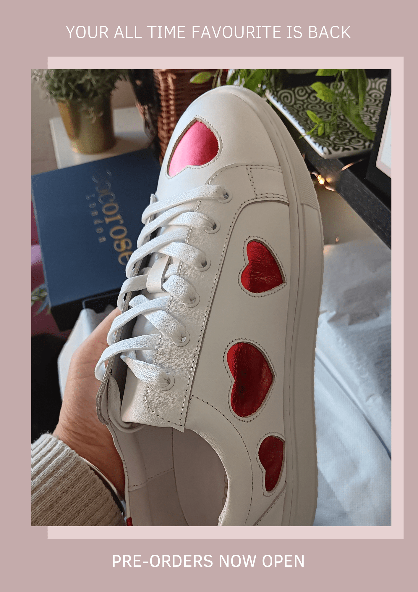metallic red hearts and white trainers