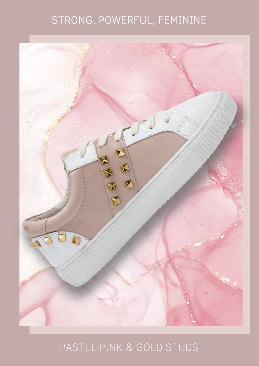 white and pastel pink leather trainers with gold studs