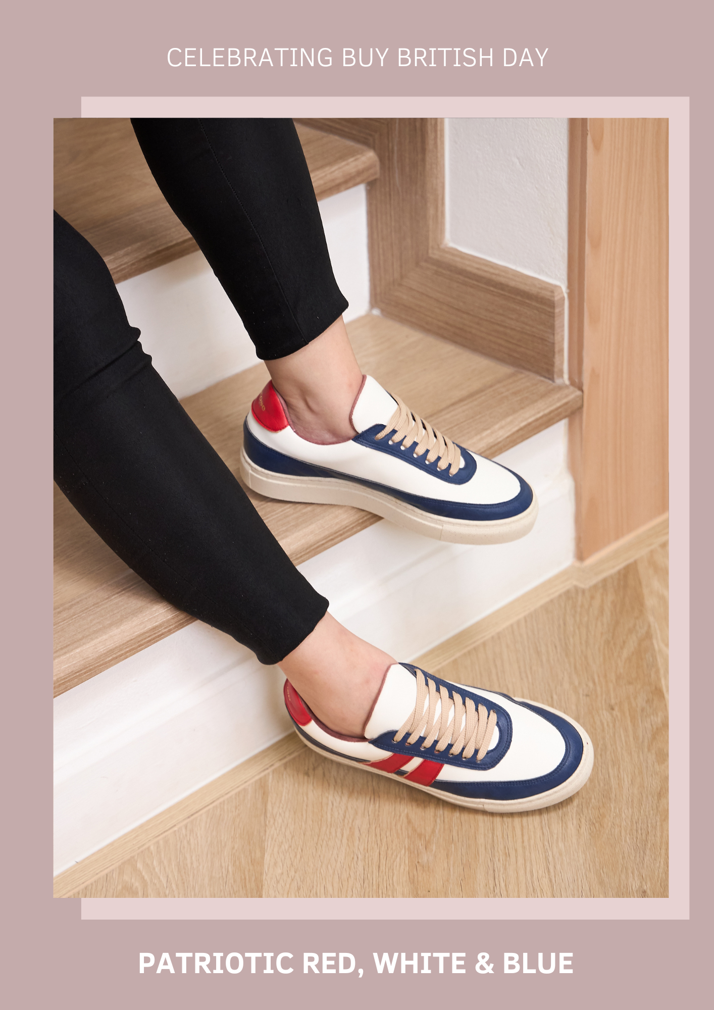 Lady wearing bold navy and red stripe vegan trainers