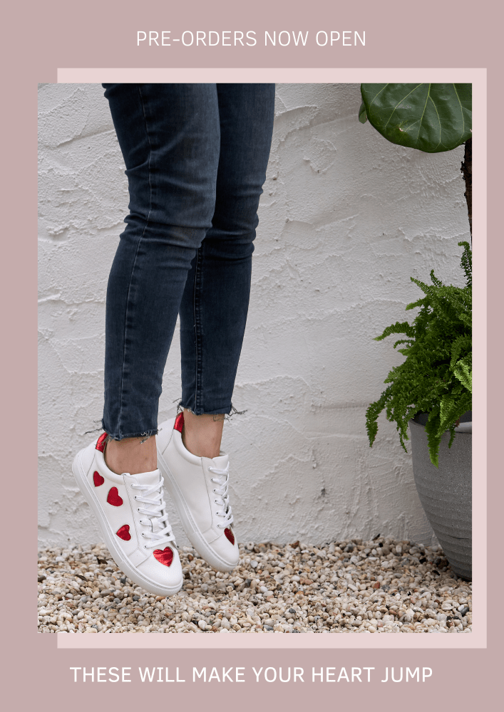Womens white leather trainers with red hearts