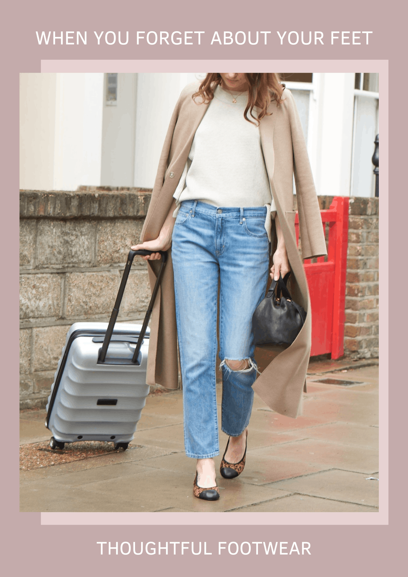 Woman dressed for travel, wearing her leopard print ballet flats. Text overlay is When you forget about your feet. Thoughtful footwear.