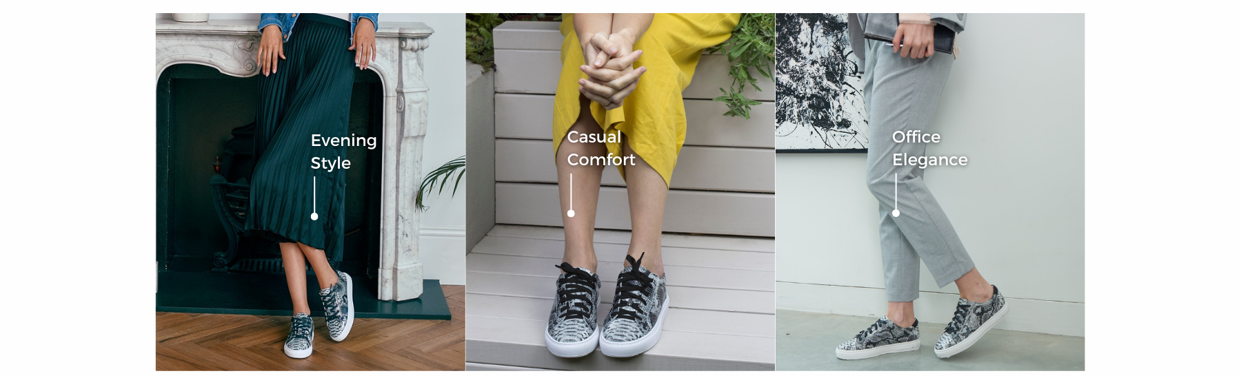 A infographic showing Women's Leather Trainers by Cocorose on three women, illustrating how they can be worn for evening elegance, casual comfort and an office elegance.