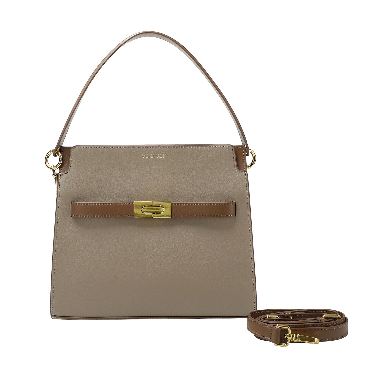 Beige Leather Handbag with Tan Belt-Buckle Detail and Detachable Shoulder Strap