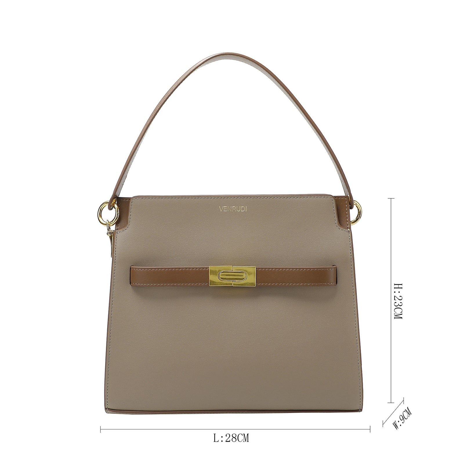 Beige Leather Handbag with Tan Belt-Buckle Detail and Detachable Shoulder Strap
