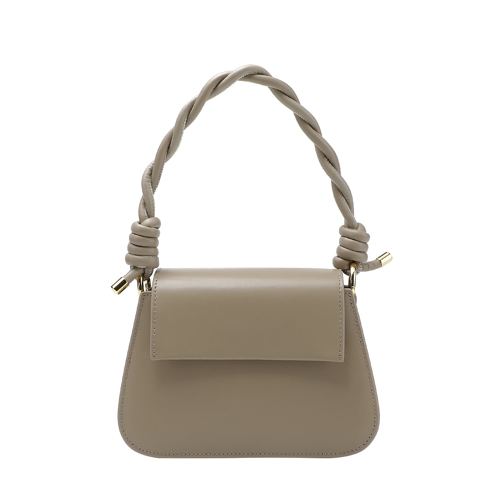 Beige handbag with a braided handle on a white background