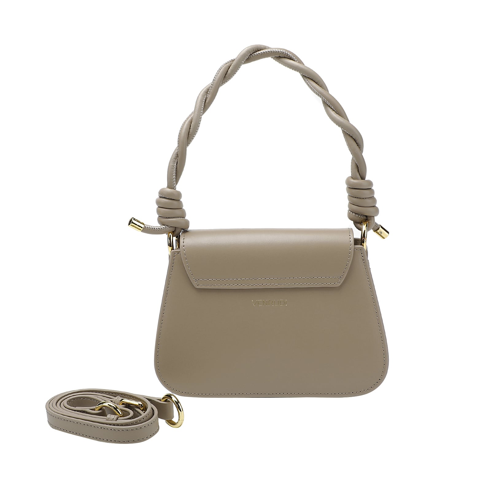 Beige handbag with a matching strap on a white background