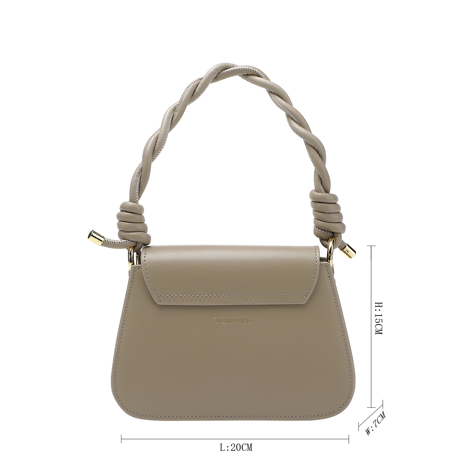 Beige handbag with braided handle and dimensions on a white background