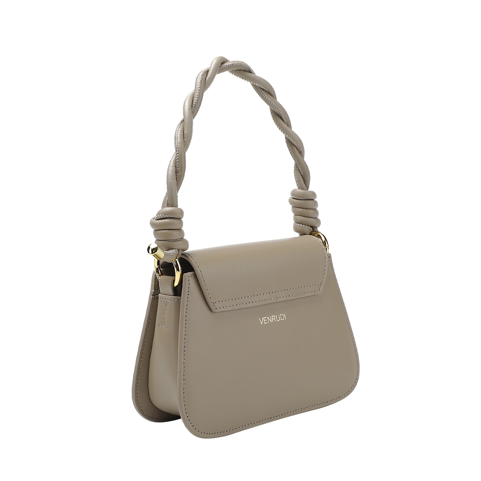 Beige handbag with a braided handle on a white background