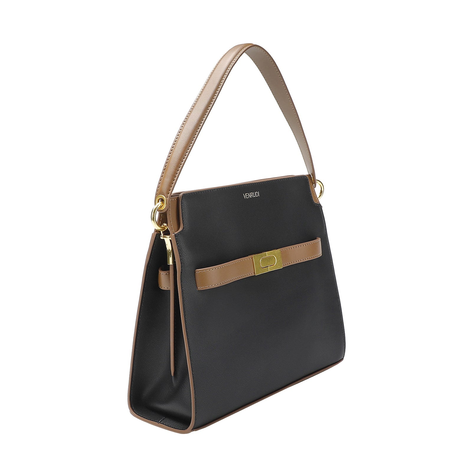 Black Leather Handbag with Tan Belt-Buckle Detail and Detachable Shoulder Strap