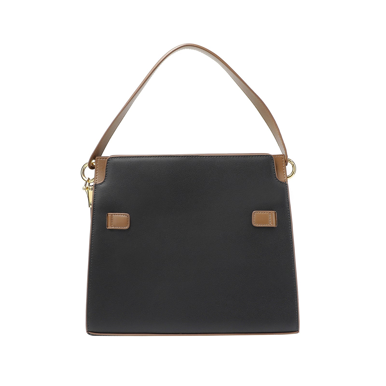 Black Leather Handbag with Tan Belt-Buckle Detail and Detachable Shoulder Strap