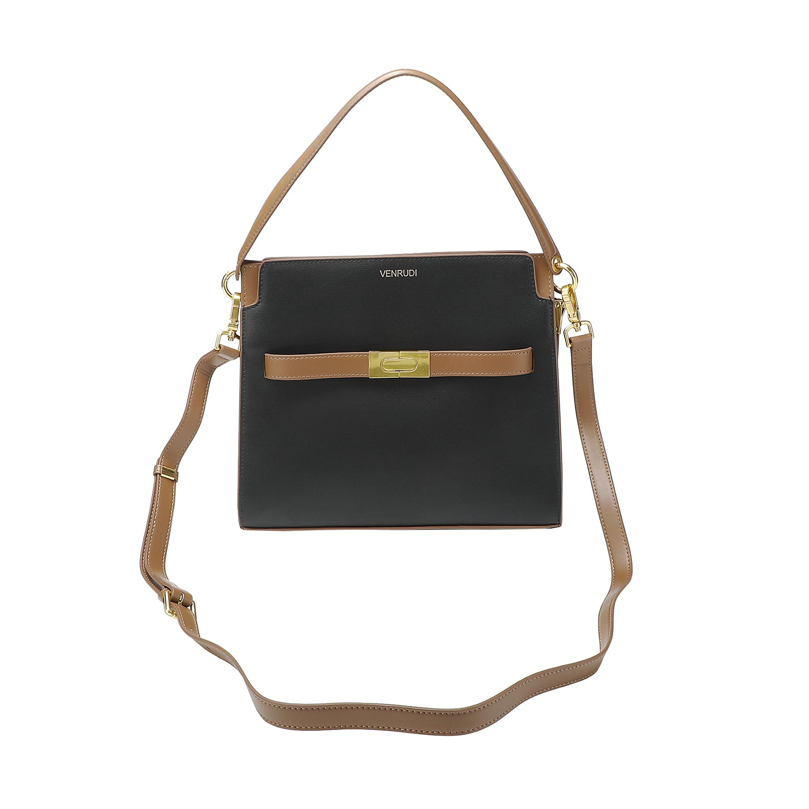 Black Leather Handbag with Tan Belt-Buckle Detail and Detachable Shoulder Strap