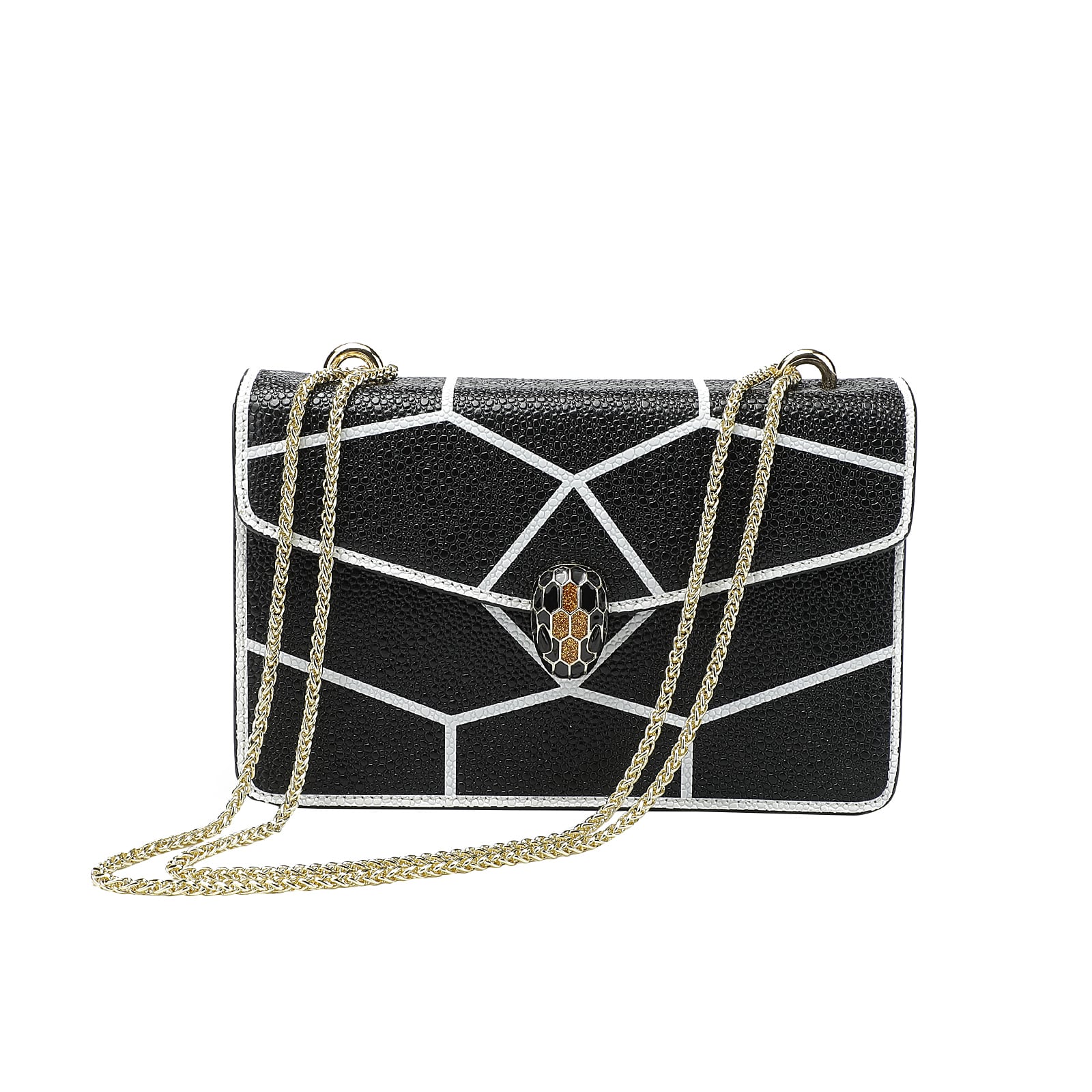 Black handbag with geometric design and gold chain strap on a white background
