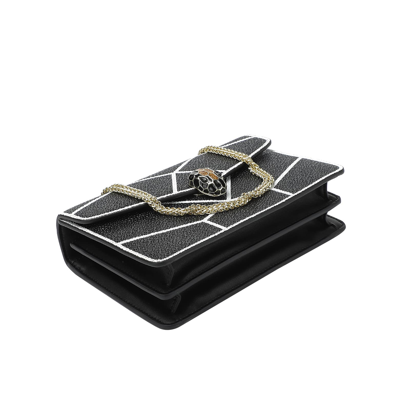 Black Printed & Textured Leather Chain Bag