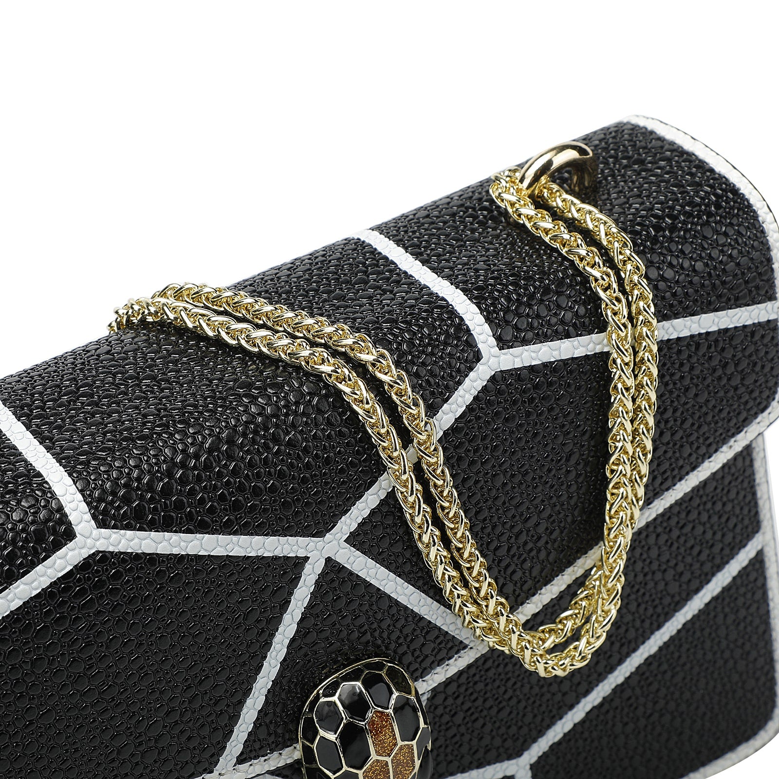 Black Printed & Textured Leather Chain Bag