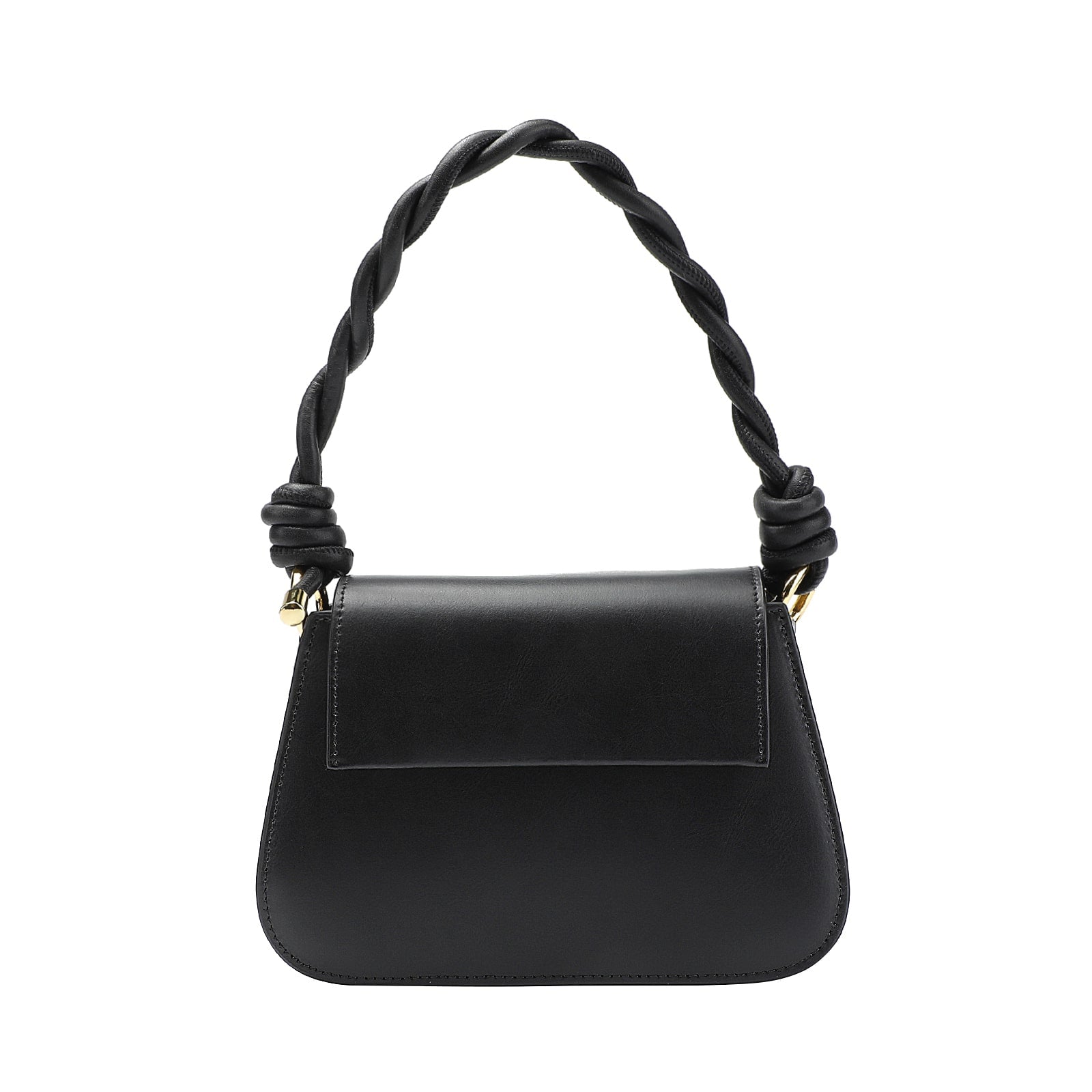 Black handbag with a braided handle on a white background