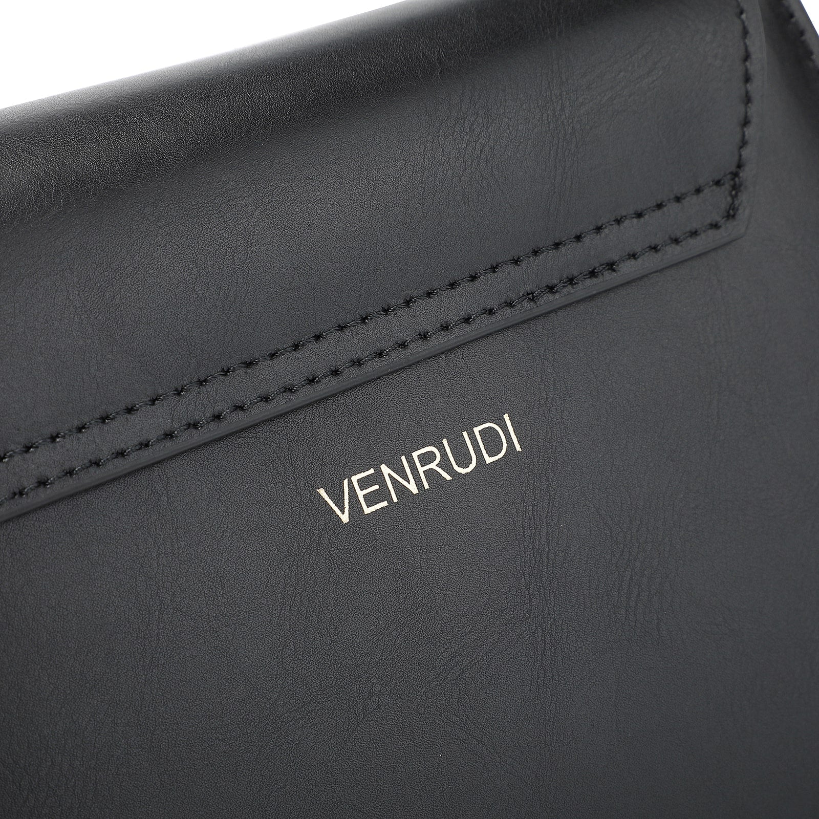 Black leather handbag with 'VENRUDI' branding on a white background