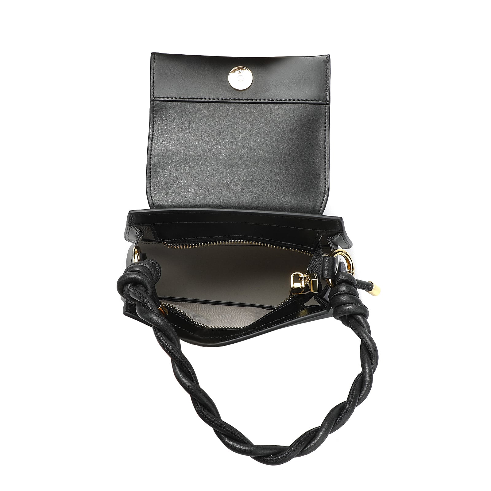 Black leather handbag with braided handle on a white background