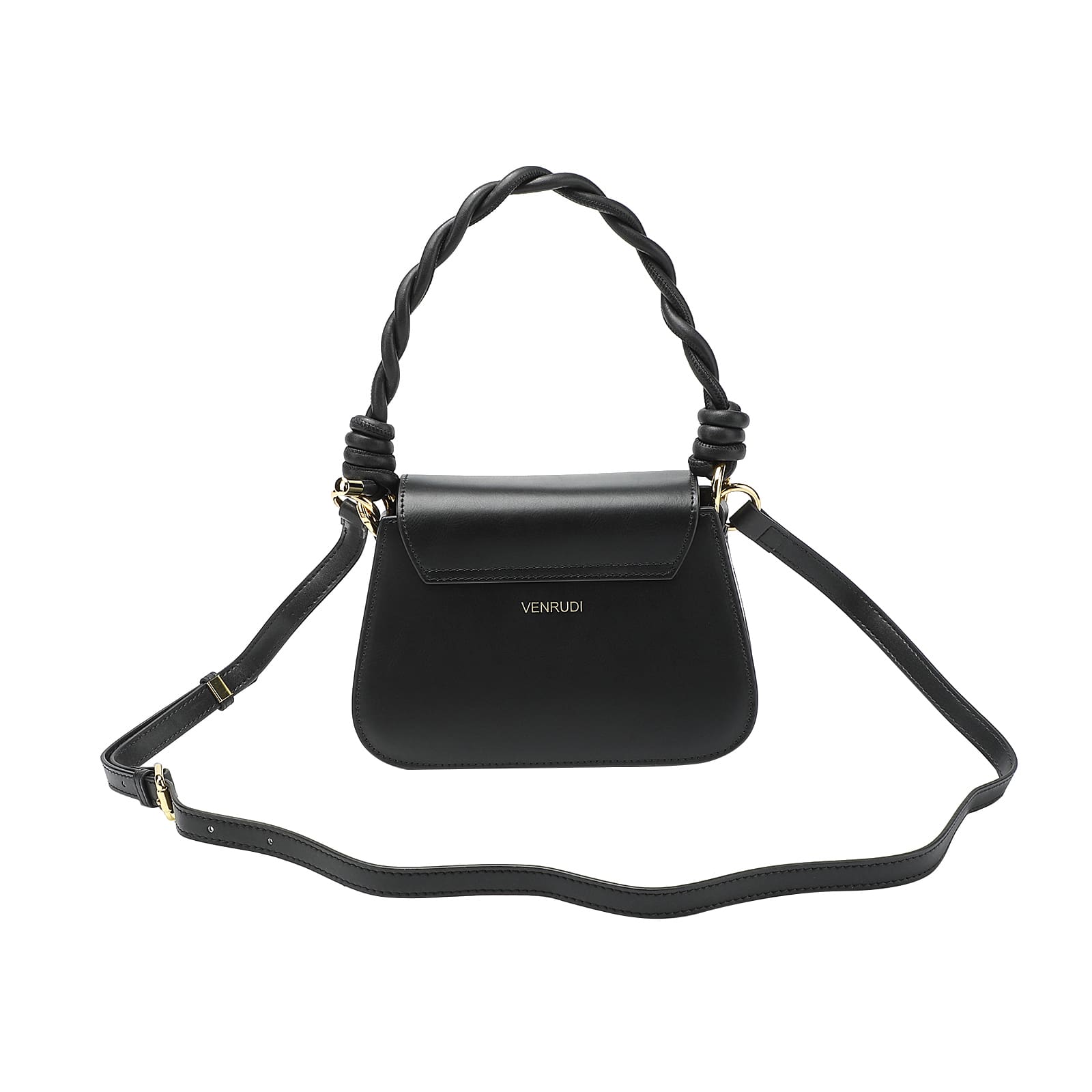 Black handbag with braided handle and shoulder strap on a white background