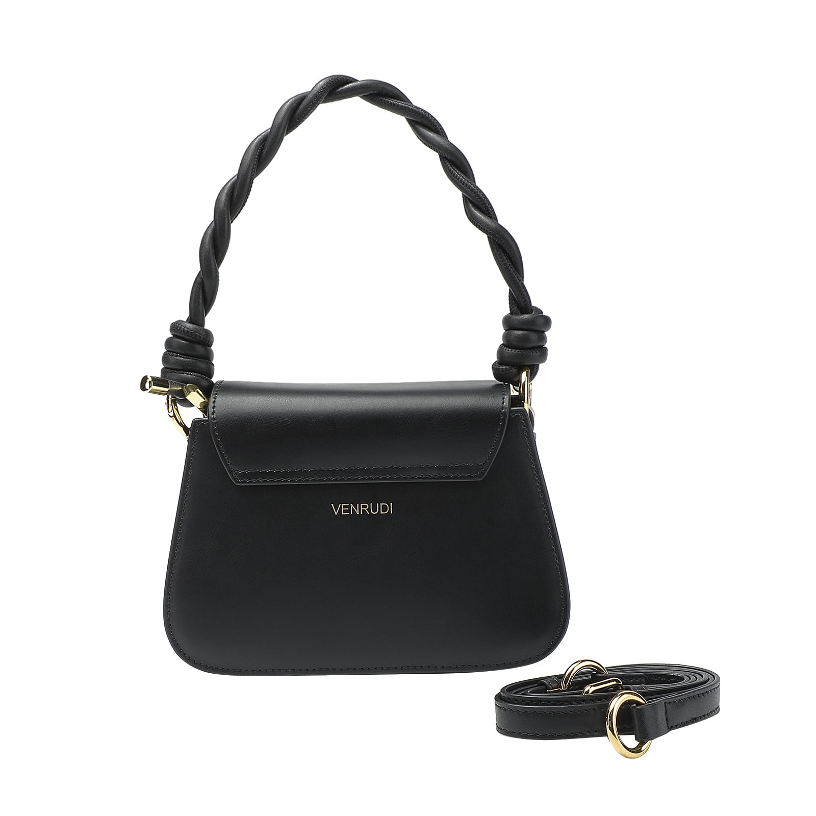 Black handbag with braided handle and detachable strap on a white background