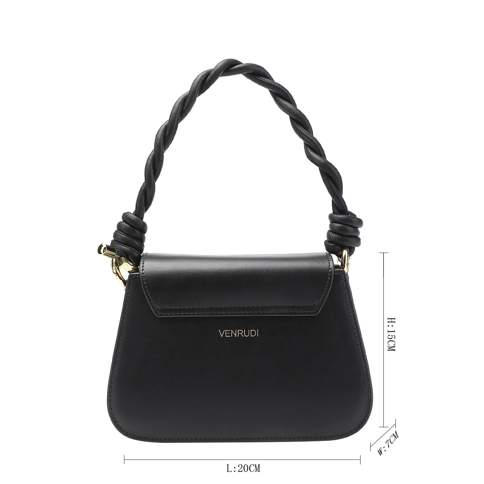 Black handbag with braided handle and VENRUDI branding, shown with dimensions on a white background.
