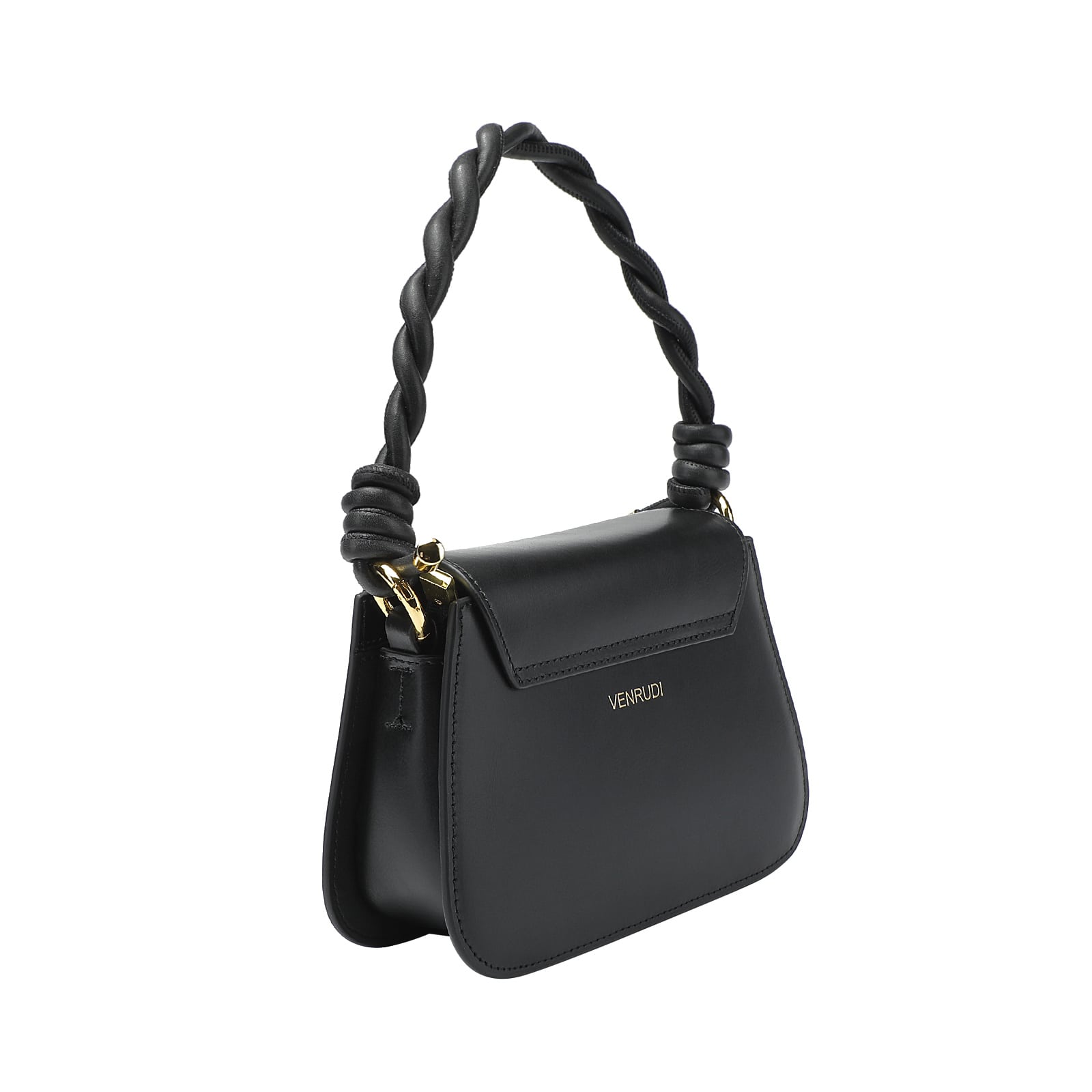 Black handbag with a twisted handle on a white background