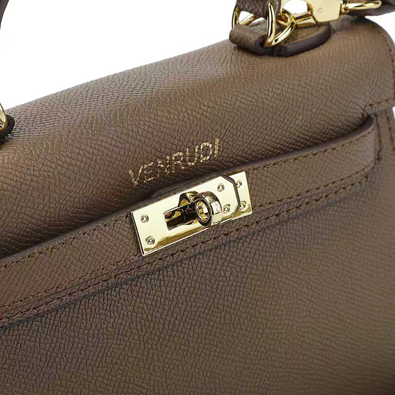 Brown Belt-Buckle Leather Handbag with Detachable Shoulder Strap