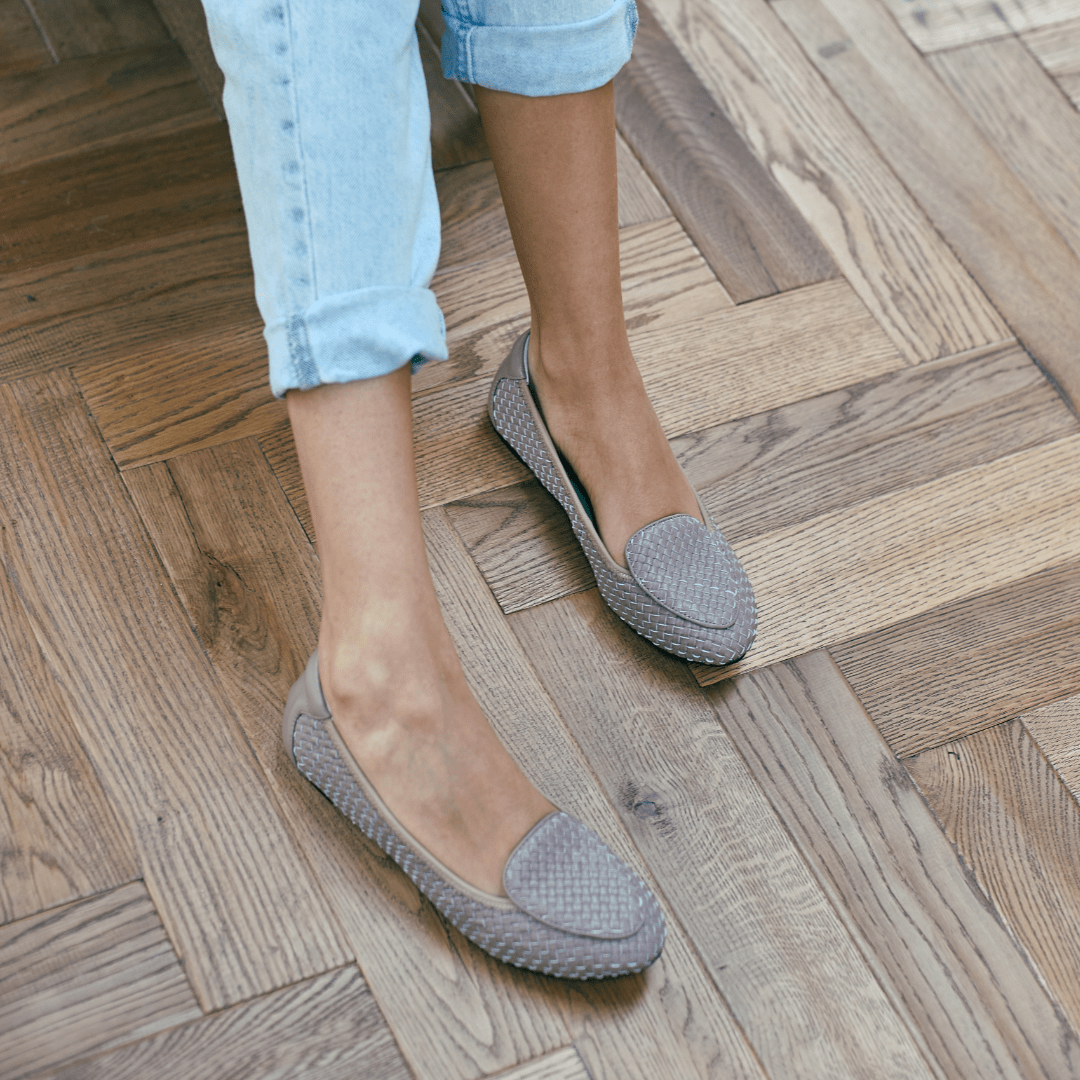 Soft pink woven leather loafers for women