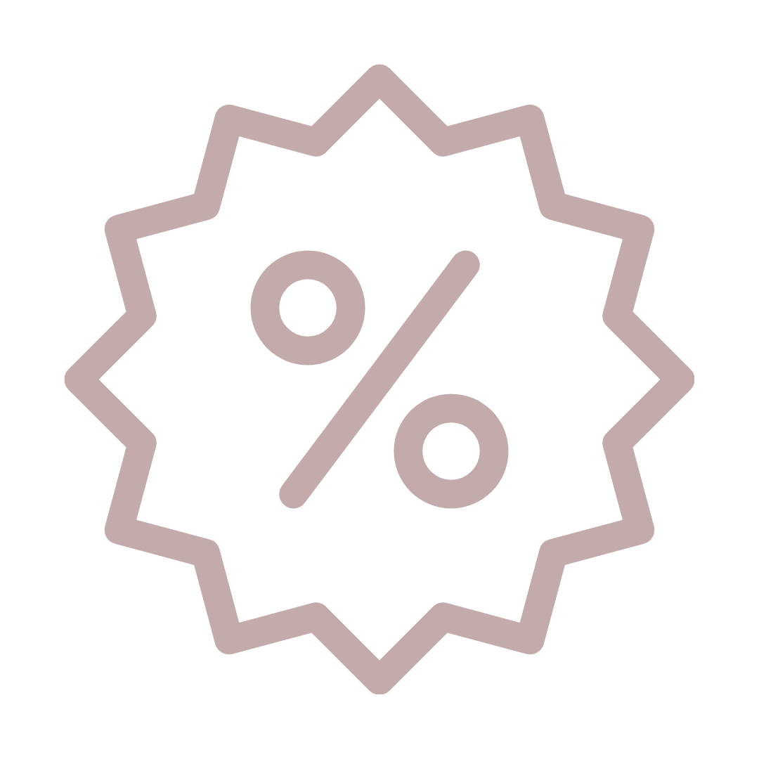 A minimalist line icon of a starburst badge containing a percentage sign in muted dusty pink.