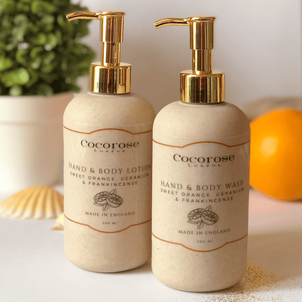 Luxury hand and body wash and lotion set for gifts - sweet orange, geranium and frankincense