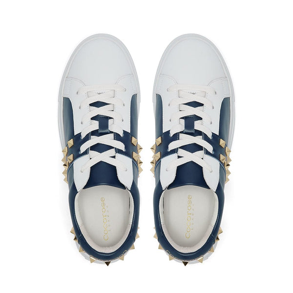 Hoxton - White and Navy  Leather Trainers with Silver Studs Cocorose London