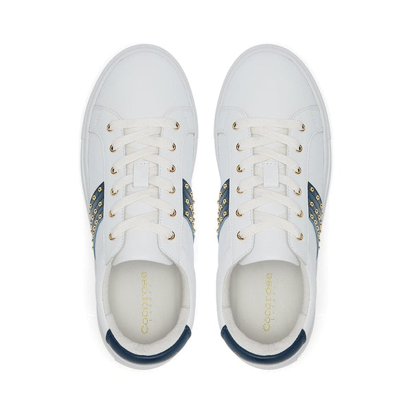 Hoxton - White Leather Trainer with Navy Studded Stripe Cocorose London