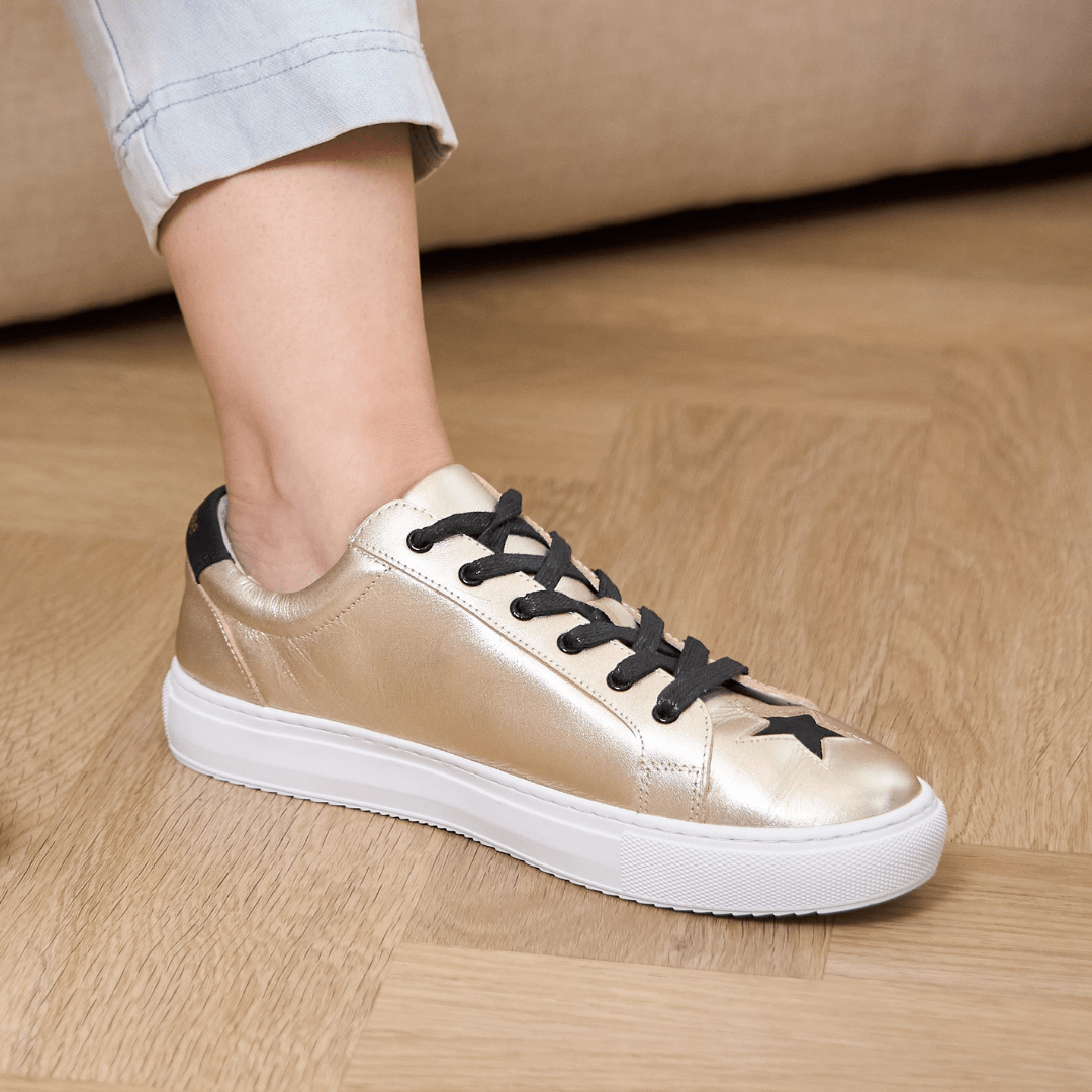 comfortable luxury leather trainers gold black stars