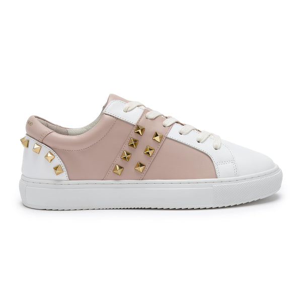 Hoxton - White and Pastel Pink Leather Trainers with Gold Studs Cocorose London