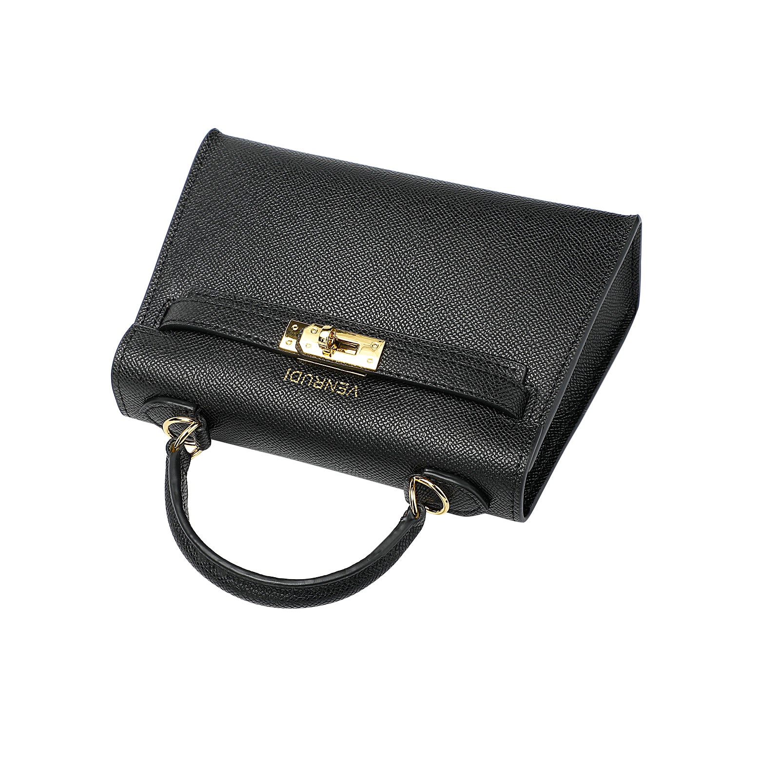 Black Belt-Buckle Leather Handbag with Detachable Shoulder Strap