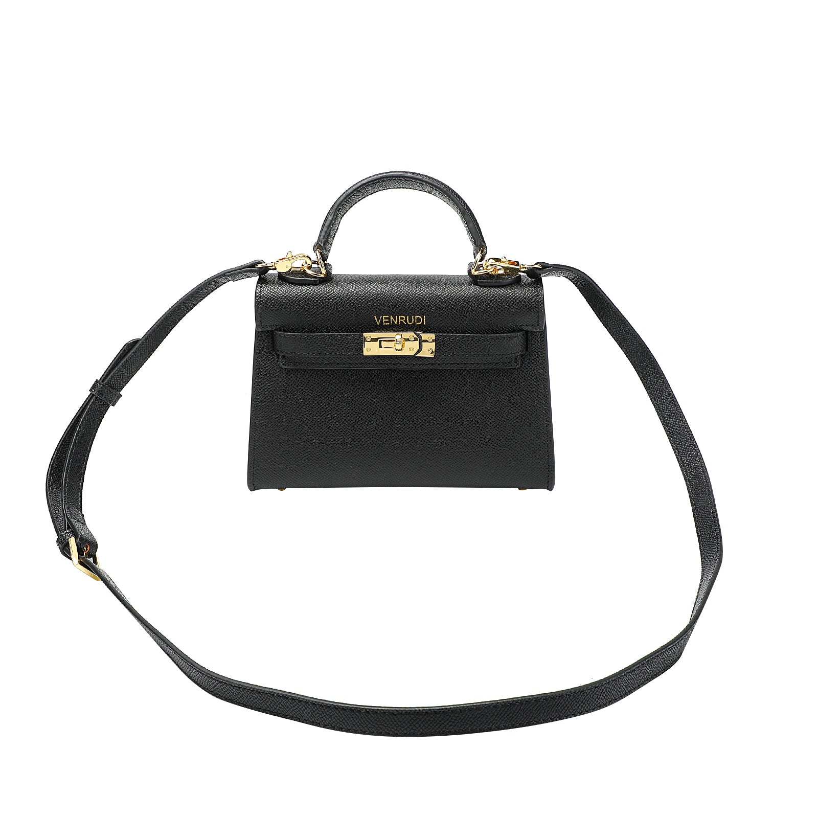 Black Belt-Buckle Leather Handbag with Detachable Shoulder Strap