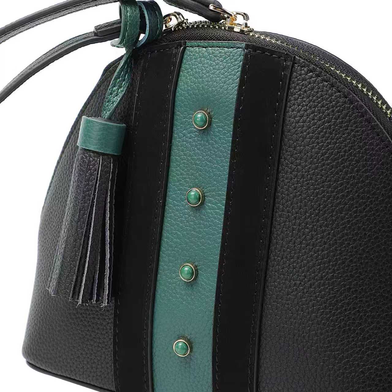 Black & Green Leather Dome Bag — With Tassel & Two-Way Zip