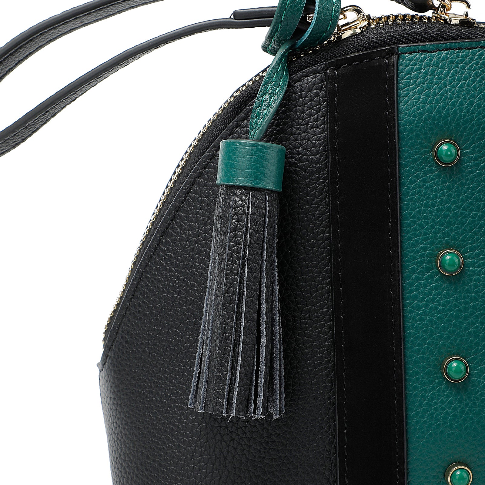 Black & Green Leather Dome Bag — With Tassel & Two-Way Zip