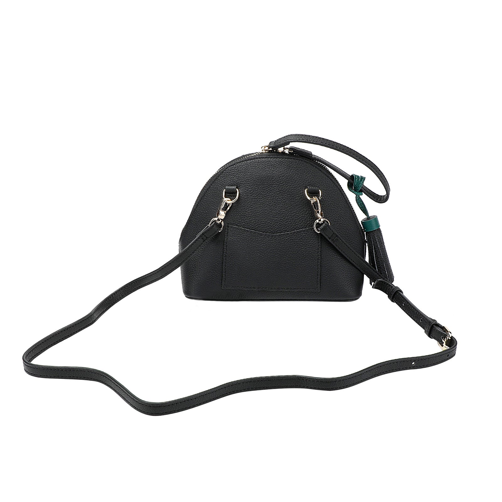 Black & Green Leather Dome Bag — With Tassel & Two-Way Zip