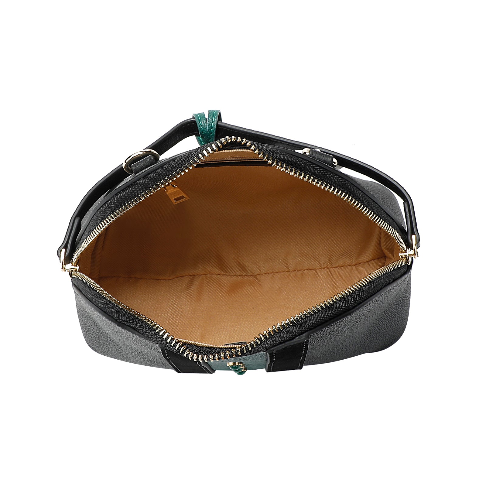 Black & Green Leather Dome Bag — With Tassel & Two-Way Zip