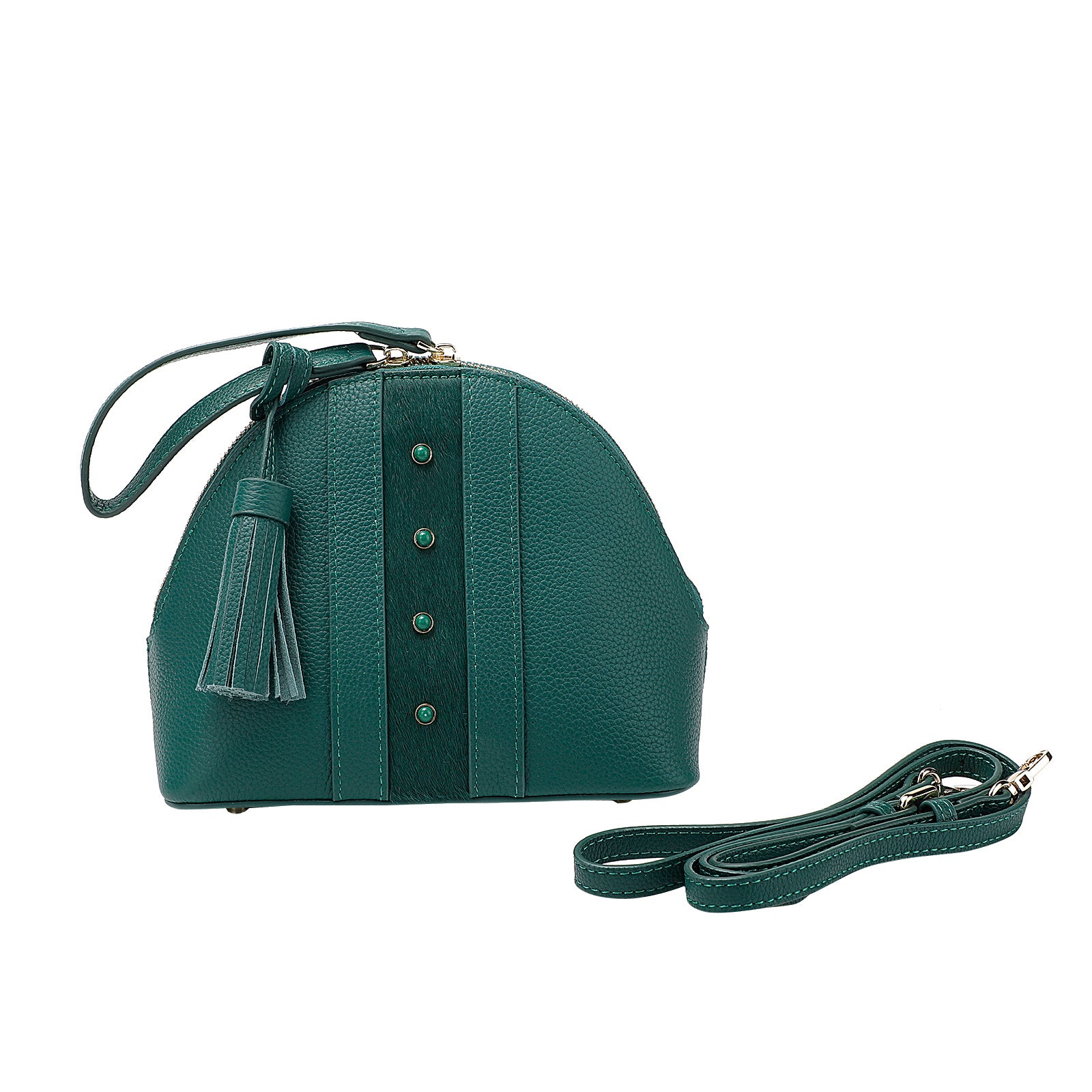 Green Leather Dome Bag — Hair-On Panel & Statement Tassel