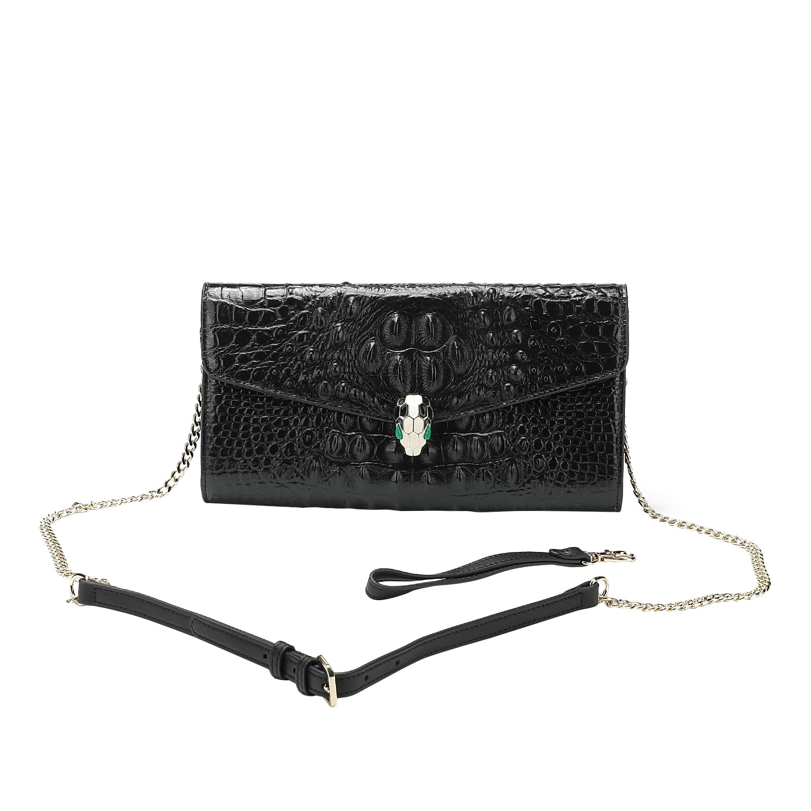 Black Embossed Leather Clutch with Chain and Wristlet