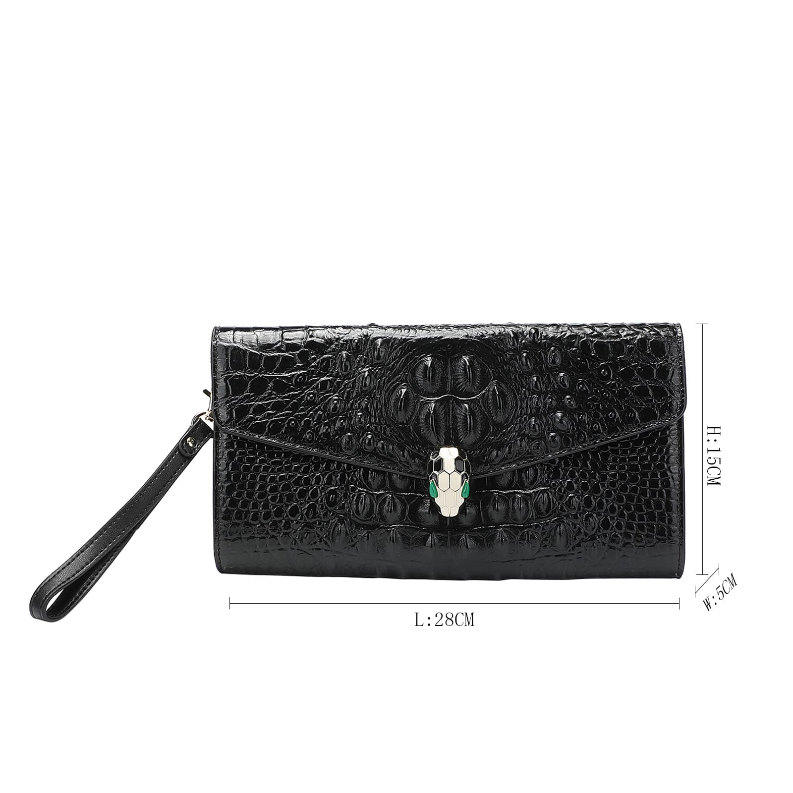 Black Embossed Leather Clutch with Chain and Wristlet