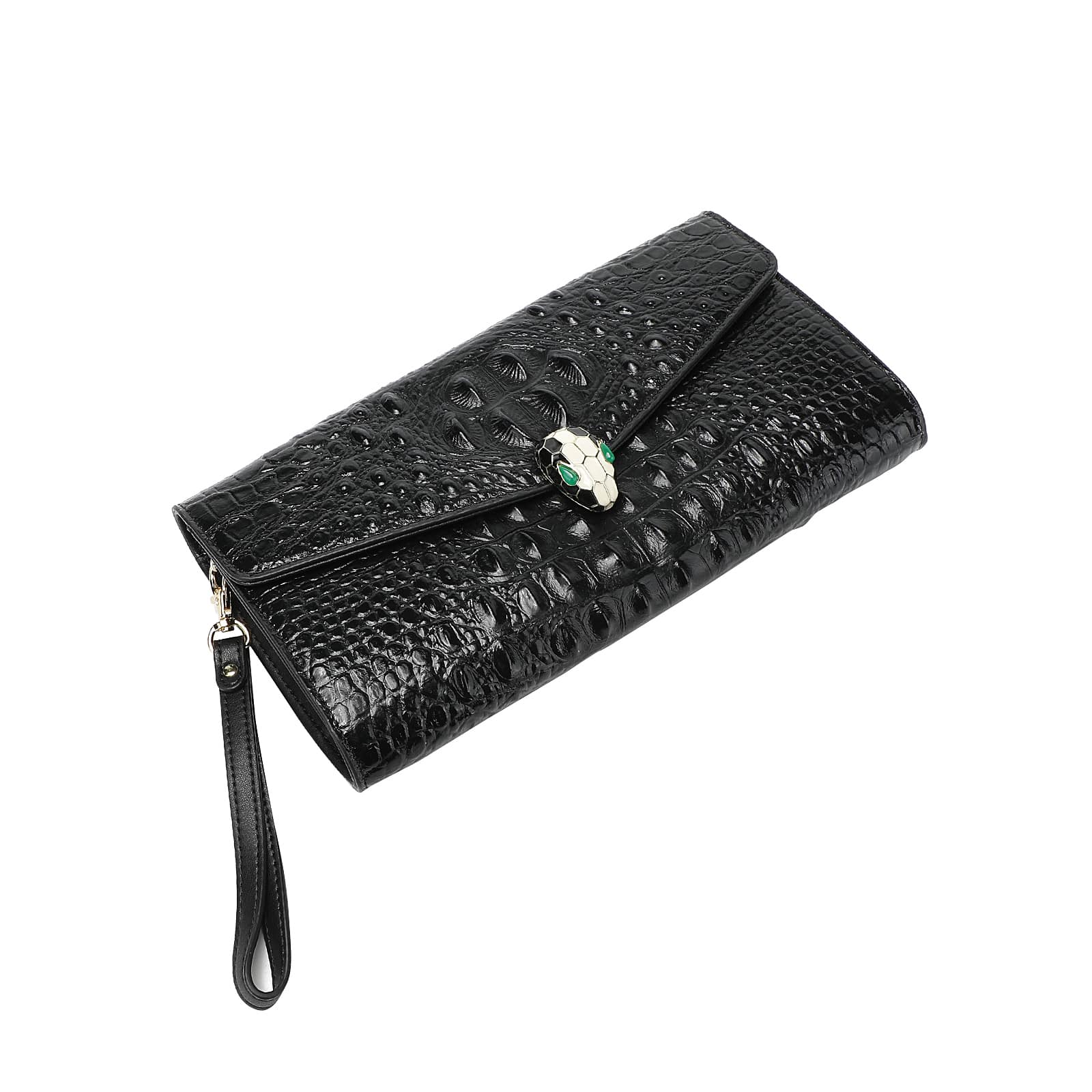 Black Embossed Leather Clutch with Chain and Wristlet
