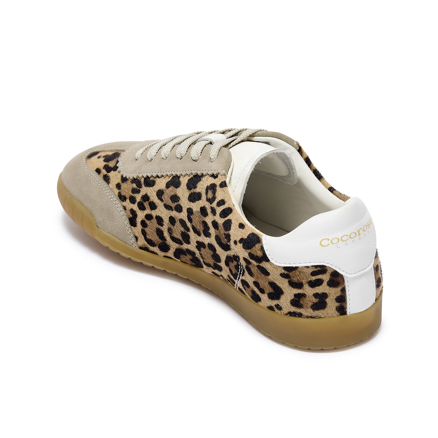 Leopard print leather trainer with beige suede trim and white leather accents